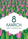 Greetings card with tulips, vertical format. International womenÃ¢â¬â¢s day. 8 march.